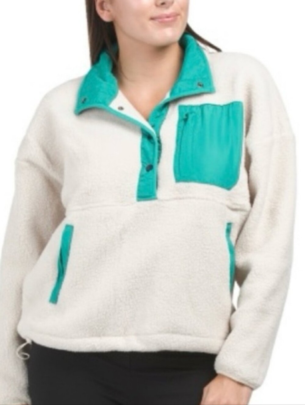 WILO The Label Cozy Fleece Pullover Size Small Cream Teal Accents Button Closure